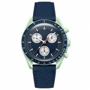 Chronograph watch with navy blue dial and leather strap, light green case