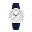 Chronograph watch with white dial and blue suede strap on white background