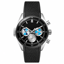 Sport chronograph watch with black dial, silver case, and black textured rubber strap on white background