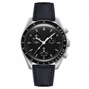 Chronograph watch with black dial and black leather strap on white background product photo