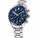 Sporty chronograph watch with blue dial and stainless steel bracelet