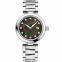 Women's dress watch with silver stainless steel bracelet and mother-of-pearl dial with diamond markers, 34mm case size