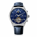 Blue dial dress watch with silver-tone case and blue leather strap