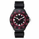 Black sport watch with rubber strap and pink accents on bezel and dial, on white background