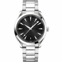 Dress watch with black dial and silver metal bracelet on white background
