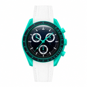 Sport chronograph watch with teal case, black dial, white subdials, and white rubber strap
