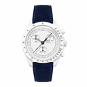 White dial dress watch with dark blue suede strap on white background