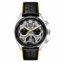 Sport chronograph watch with black perforated leather strap and silver case