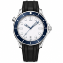 42mm diver style watch with white dial with blue accents, blue bezel, and black rubber strap