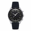 Chronograph watch with black dial and textured black strap front view