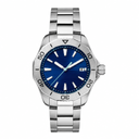 Silver metal sport watch with blue dial and numeric bezel markings