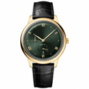Gold-tone dress watch with green dial and black leather strap