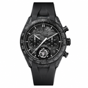 Black carbon fiber sport chronograph watch with black rubber strap on white background