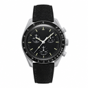 Chronograph watch with black dial and black suede strap, silver-tone case
