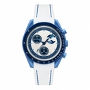 Sport-casual watch with blue case, off-white dial, white strap with blue stitching