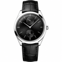 Men's dress watch with black dial, polished steel case, and black leather strap