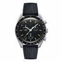 Chronograph watch with black leather strap and black dial on white background