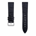 Black embossed leather watch strap with stainless steel buckle on white background