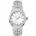 Women's dress watch with silver metal bracelet and jewel bezel on white background