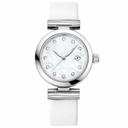 Women's dress watch with white mother-of-pearl dial, silver case, and white strap
