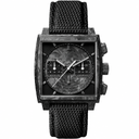 Modern chronograph watch with carbon fiber square case and black woven fabric strap