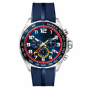 Sport chronograph watch with blue dial and blue silicone strap on white background