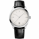 Dress watch with silver dial, polished metal case, and black leather strap