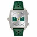 Square silver-tone chronograph watch with green perforated leather strap and silver dial with green subdials