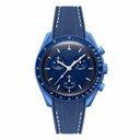 Blue sport chronograph watch with blue dial and rubber-textured strap on white background