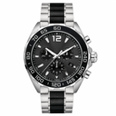 Sport chronograph watch with black dial and silver and black metal bracelet on white background