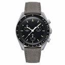Chronograph watch with black dial and grey suede leather strap on white background