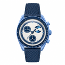 Chronograph wristwatch with blue and light blue dial moonphase and dark blue leather strap on white background