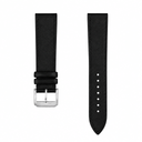 Black leather watch strap with silver buckle on white background
