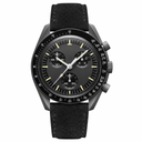 Chronograph watch with black dial and black suede leather strap on white background