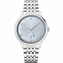 Classic dress watch with silver-tone metal case and bracelet, light silver-blue dial, Roman numerals, and date window