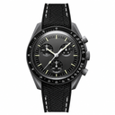 Sporty chronograph wristwatch with black dial and black fabric strap with white stitching