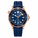 42mm diver watch with blue dial, rose gold-tone case, and blue rubber strap
