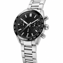 Sporty chronograph watch with black dial and silver metal strap
