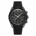 Sport chronograph watch with black dial and black strap accented with orange stitching