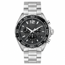 Sport chronograph watch with black dial and silver metal bracelet on white background
