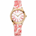 Gold-tone dress watch with white dial featuring red Roman numerals and floral-patterned fabric strap