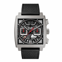 Sport chronograph watch with silver square case and black textured strap