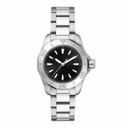 Sport watch with black dial and stainless steel bracelet on white background