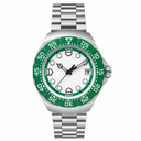 Stainless steel sport watch with white dial and green bezel on metal bracelet