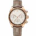 38mm chronograph watch with rose gold case and brown leather strap