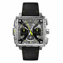 Square sports chronograph watch with black fabric strap and camo-pattern metal case