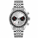 Chronograph watch with silver dial and metal bracelet on white background