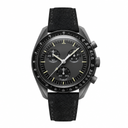 Chronograph watch with black dial, three subdials, dark metal case, and black suede strap on white background