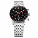 Chronograph watch with black dial and silver metal bracelet on white background