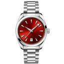 Classic stainless steel watch with red dial on metal bracelet, 38mm size